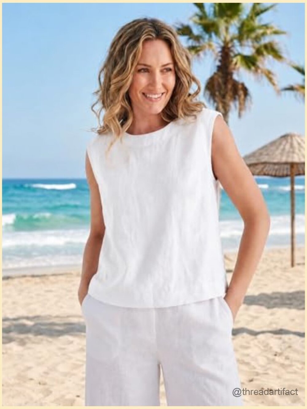 Women's Linen Cap Sleeve Tank Top Casual Summer Crop Top Blouse - Picture 2 of 5